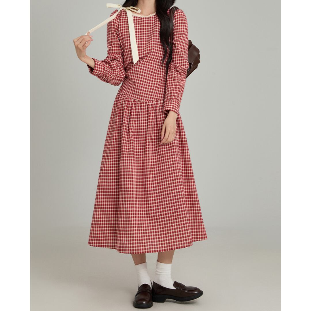 チェック柄 サイドボウタイ ロングスリーブワンピース 00558