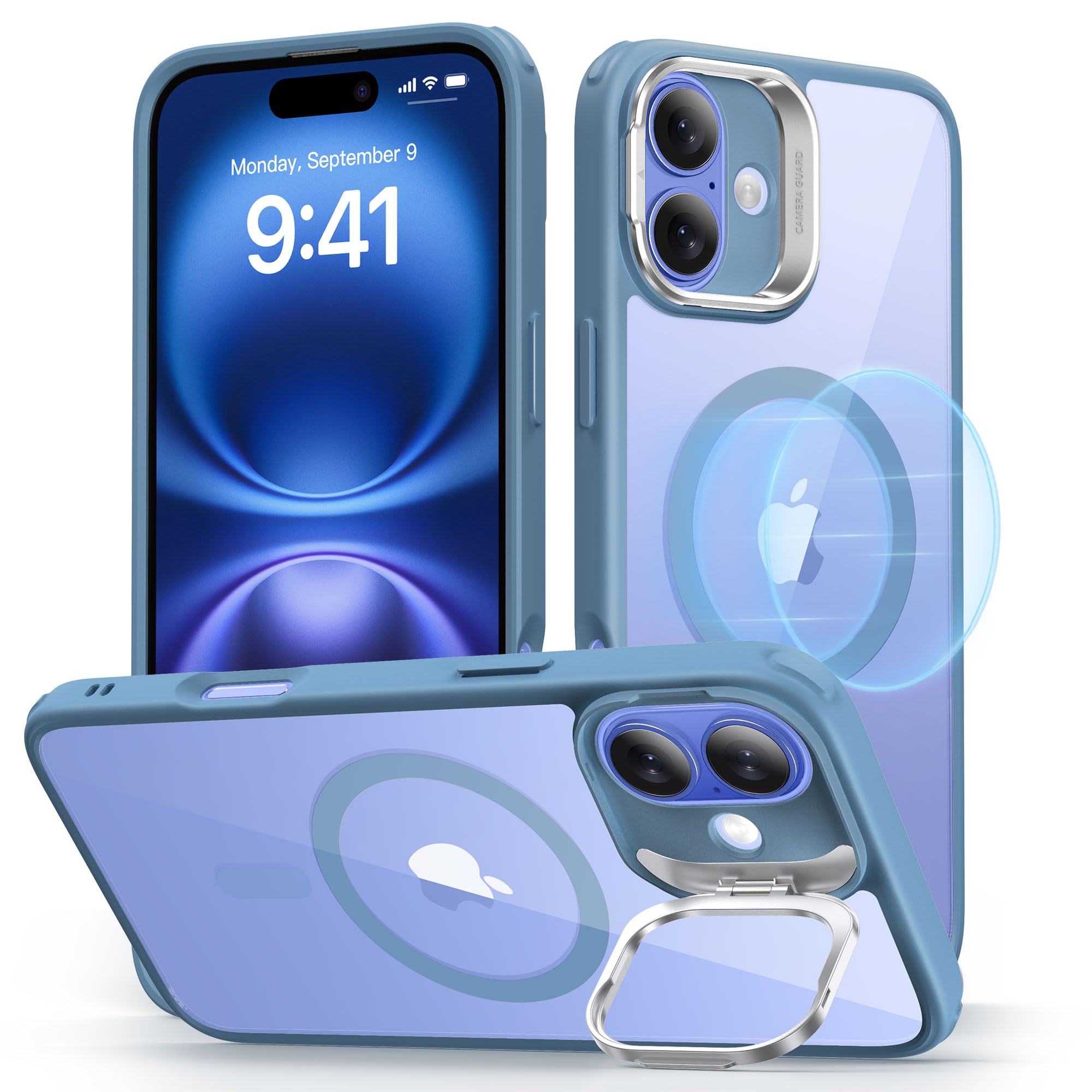 ESR iPhone 16 ケース 【デザイン受賞シリーズ!】 Magsafe対応米軍MIL規格の保護 耐黄変 耐衝撃 隠れスタンド iPhone16ケース スマホケース 傷防止背面 いphone16用 Classicシリーズ クリア_ブルー