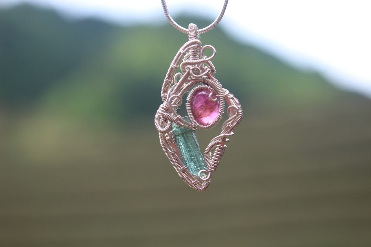 Green & Pink Tourmaline silver925 wire wrapping pendant
