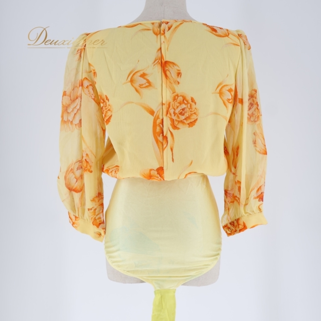 社交ダンス 衣装 トップス レオタード イエロー系 チャコット Chacott 花柄 伸縮 ストレッチ 練習 レッスン 黄 橙 日本製 かわいい シフォン 華やか ボタン 花 フラワー ダンス衣装 ステージ イベント オレンジ系