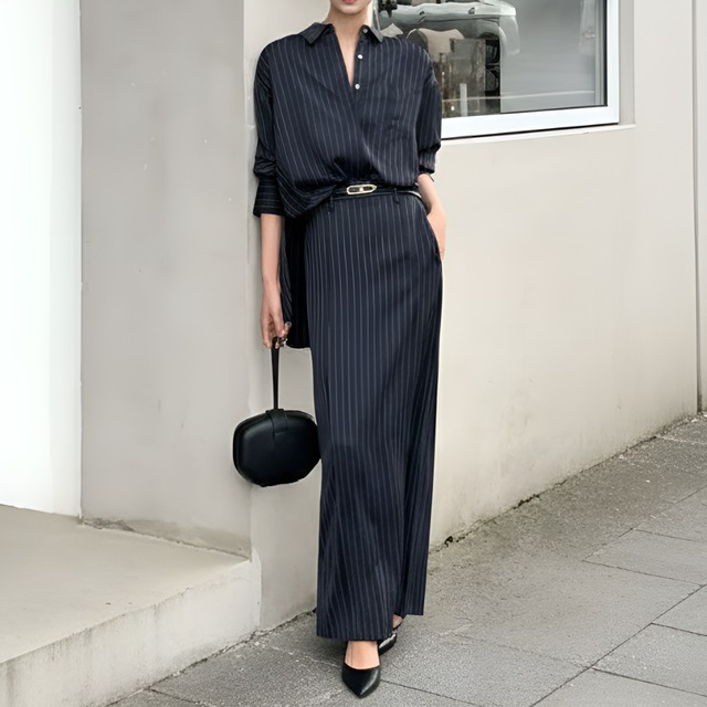 春の新作ダークブルーストライプシャツスカート2点セット　BM1306