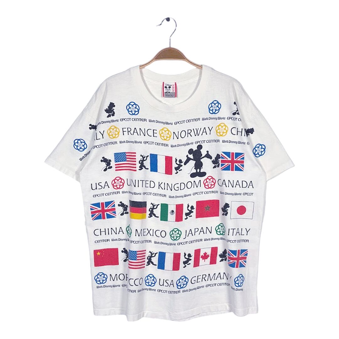 90s ウォルトディズニーワールド USA製 ヴィンテージ Tシャツ ミッキーマウス 万国旗 総柄 影絵 ディズニーオフィシャル シングルステッチ サイズXL相当 古着 BB0787