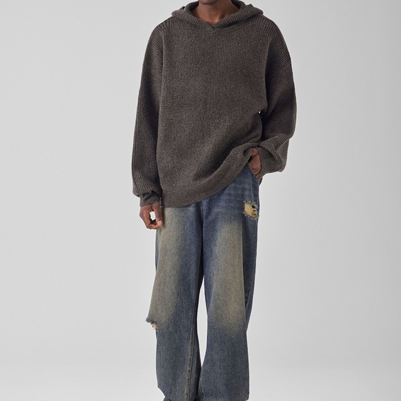 ダメージ加工ポイントフードニット　949