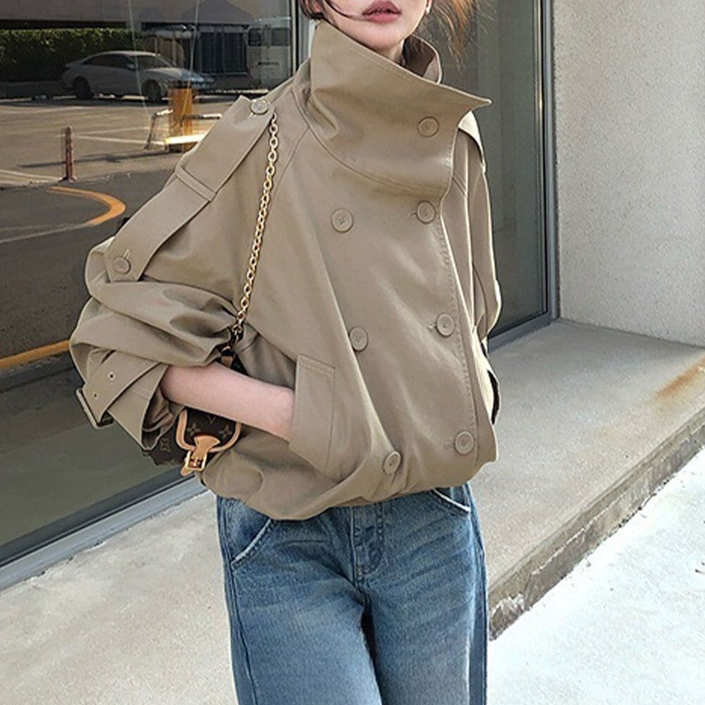 【送料無料】 スプリング コート ショート丈 レディース 春秋 韓国 アウター スタンドカラー きれいめ 大人 カジュアル 通勤 ビジネス オフィス レトロ おしゃれ 薄手 大人可愛い 大人女子