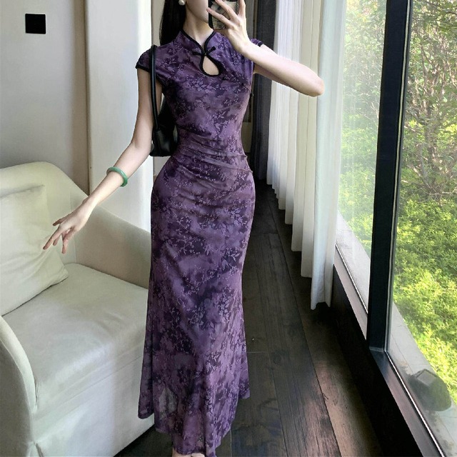 ワンピース チャイナ風 花柄 メッシュ 着まわし抜群 パープル S M L