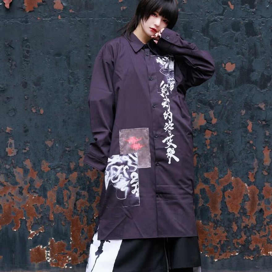 希少✨アルゴンキン 00s シャツジャケット ワンピース ゴスロリ フリンジ F 中華ゴシック 水墨柄ロングシャツワンピ 漢字プリント黒白羽織り服