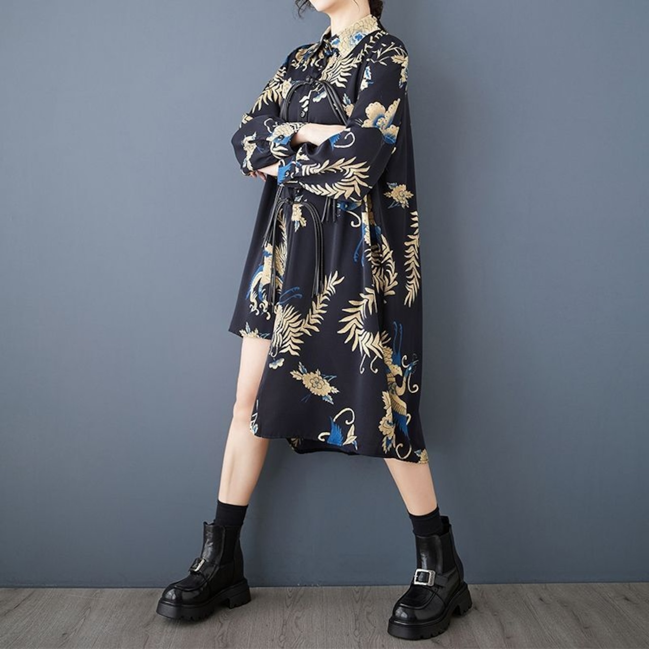 アシンメトリーヘム 紐装飾 ロングシャツ 00073