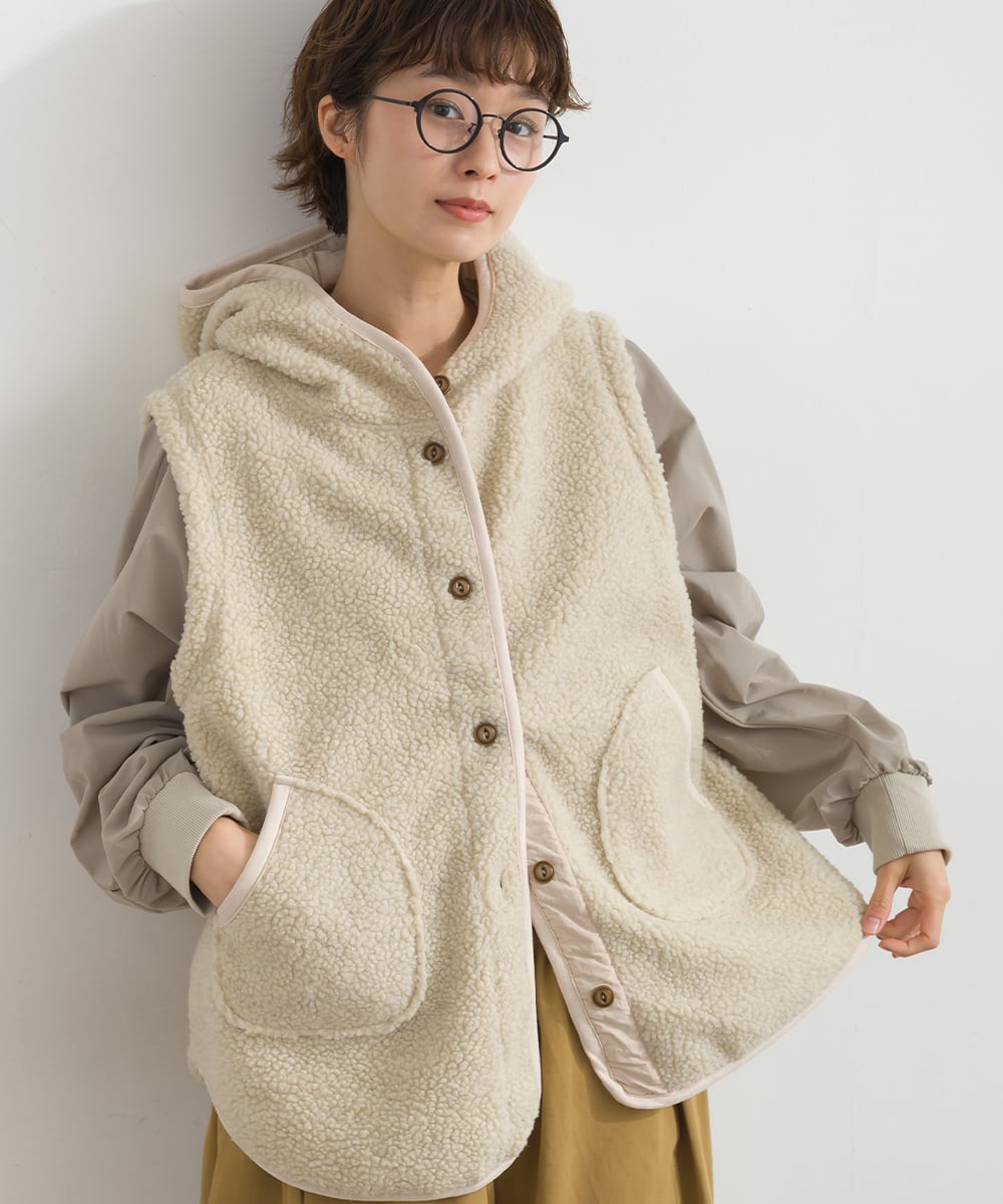 K263029 シープボアフードベスト / Faux-Shearling Hooded Vest | meme