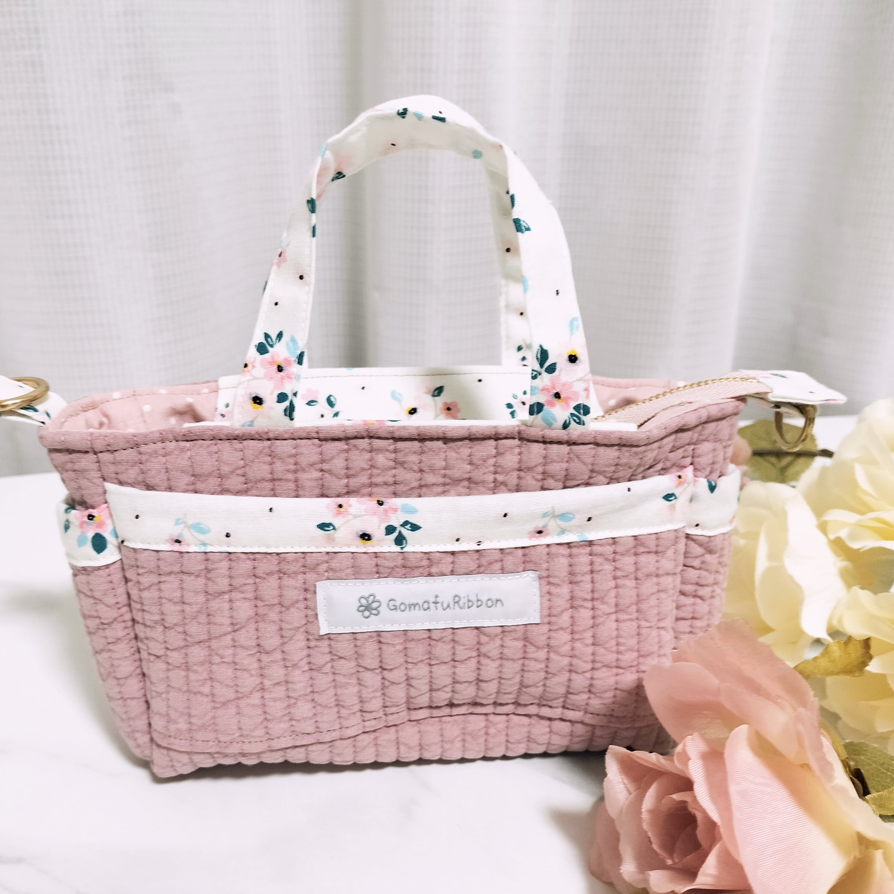 サイドリボンのミニヌビトートバッグ(ハート刺繍) 黒のギンガム サイドリボンのミニヌビトートバッグ(ハート刺繍) 黒のギンガム