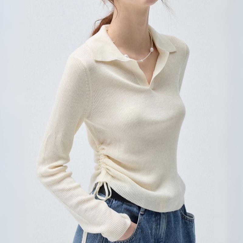 Side shirring keyneck polo knit 3 colors V2561