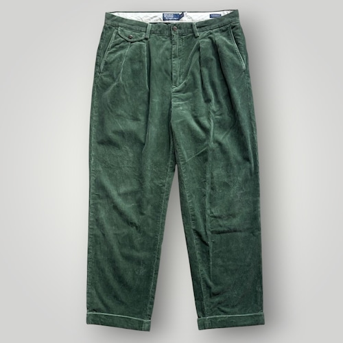 【POLO RALPH LAUREN】80s 復刻 コーデュロイパンツ ツータック テーパード W34 緑/Green 太畝 ポロラルフローレン スラックス