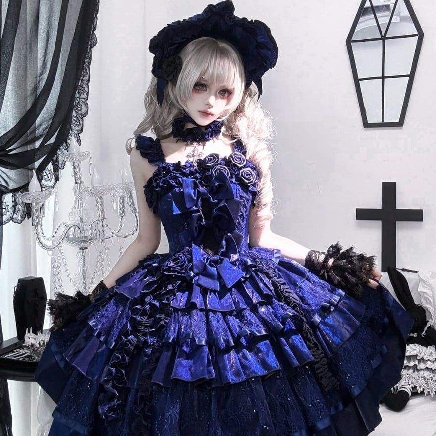 ゴシックロリィタ JSK 薔薇装飾×ブルー クラシカルデザイン｜WithU