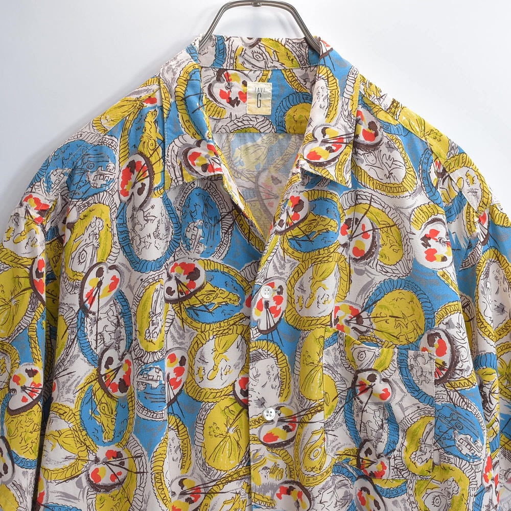 90s~ 日本製 ZAVI ザヴィ アート デザイン 総柄 レーヨン 半袖 シャツ クラシカル 肖像画 パレット デザイン マルチカラー ジャパンヴィンテージ ビンテージ 古着 メンズL相当