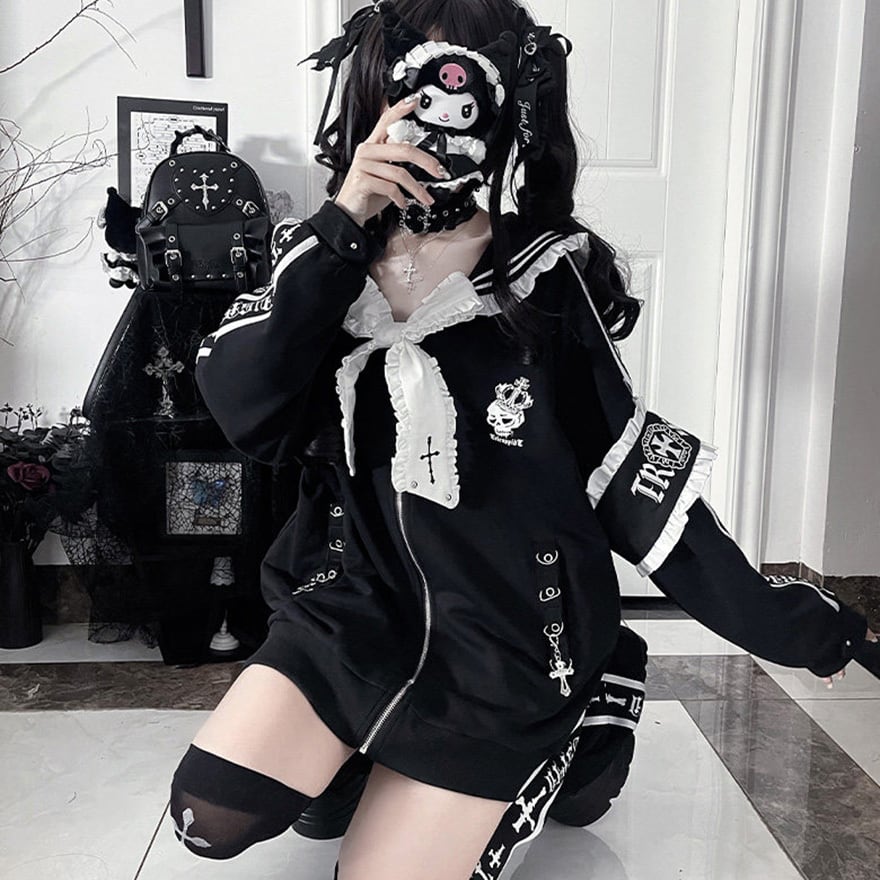 地雷系ジャケット 甘さと病み感を纏う セーラー襟×特大リボン|WithU