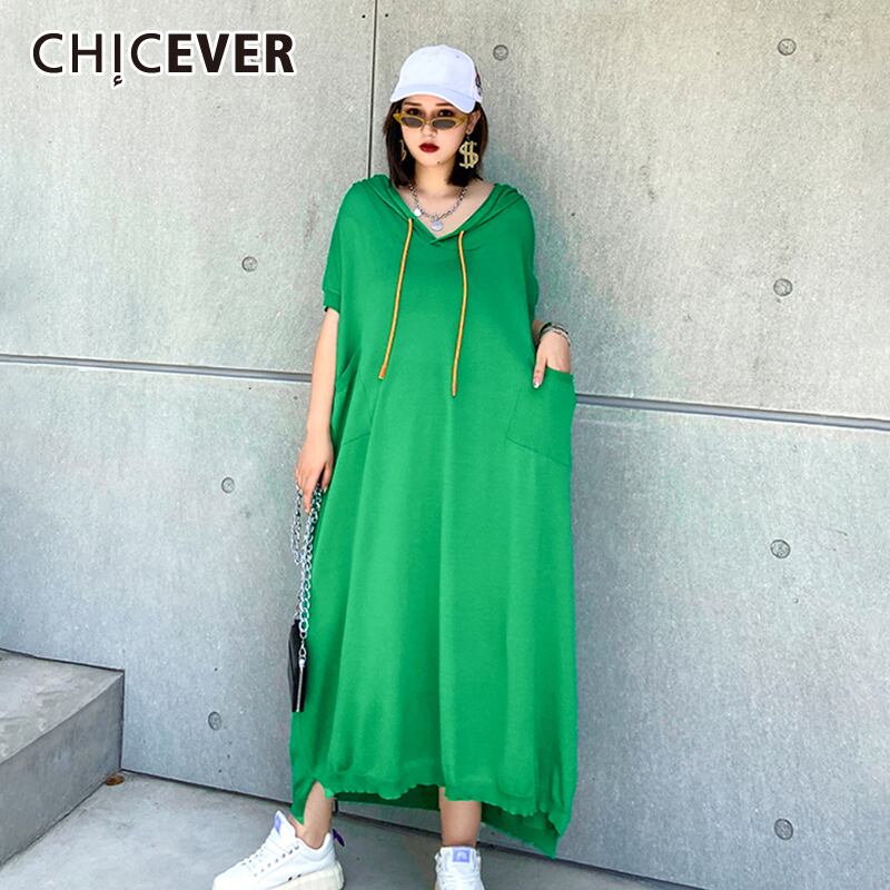CHICEVERニットドレスフード付き半袖レースアップルーズポケットフリーサイズマキシドレス女性2020夏服 ショート ハーフスリーブ サマー 夏物 6base526412314448