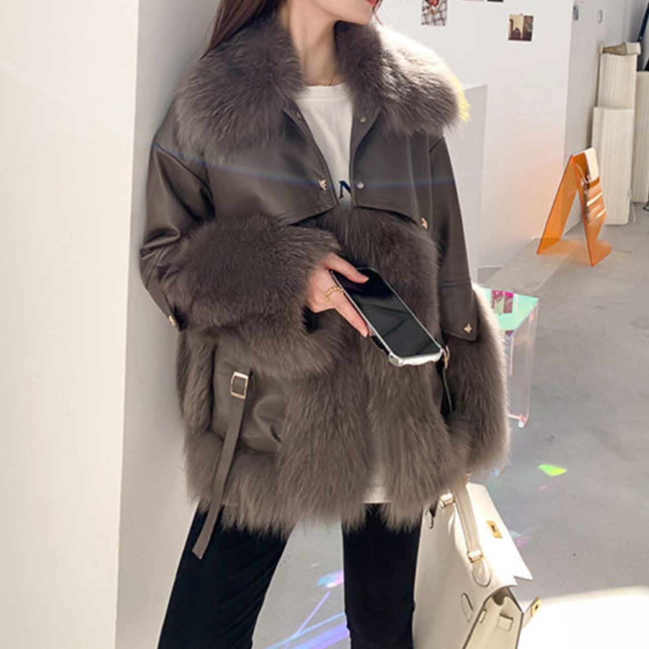 人気ファッションレザーコンビオーバーファージャケット レディース 
