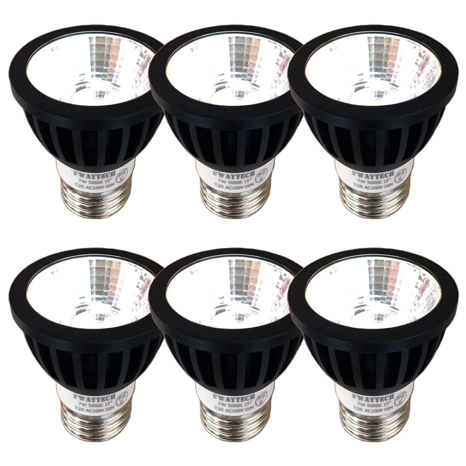 Fwaytech ledスポット e26 ブラック 調光器対応 7W ハロゲン電球60W~75W相当 ダクトレールLEDスポットライト 密閉器具対応 6個セット (昼白色相当(5000K), 本体黒 (狭角15度) E26口金 調光対応)