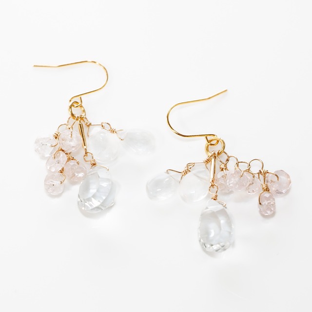 コンケーブカット水晶とブルームーンストーン、モルガナイトのピアス ― 透明感に、やさしいきらめきを添えて ―