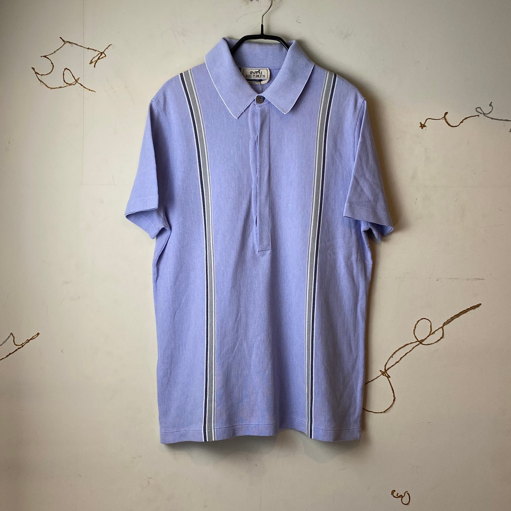 HERMES moss stitch lavender color stripe pattern polo shirt | NOIR