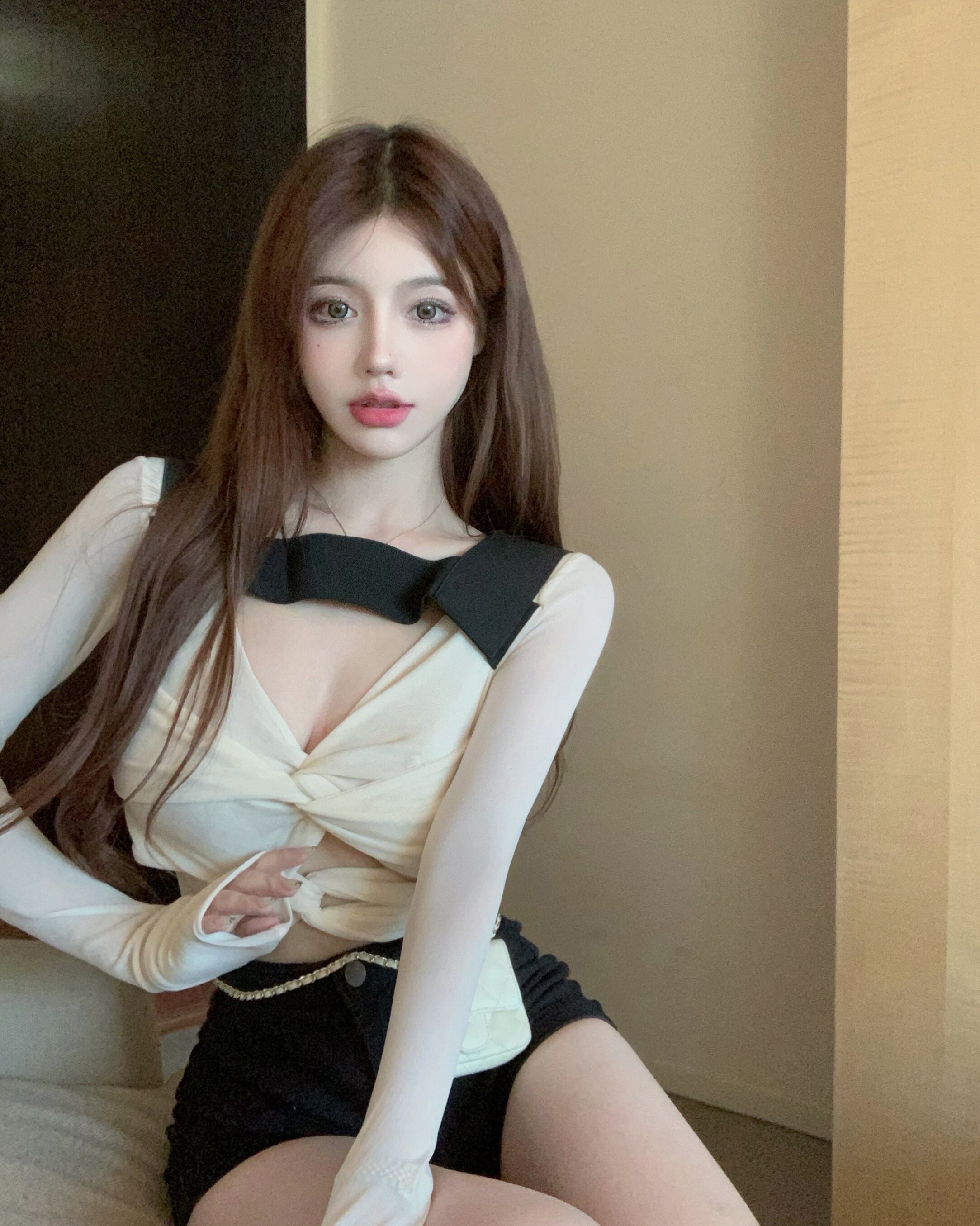 Tシャツ ショートトップス オータム ロング リボン 秋物 ピュア ブラックストロベリース90791411115