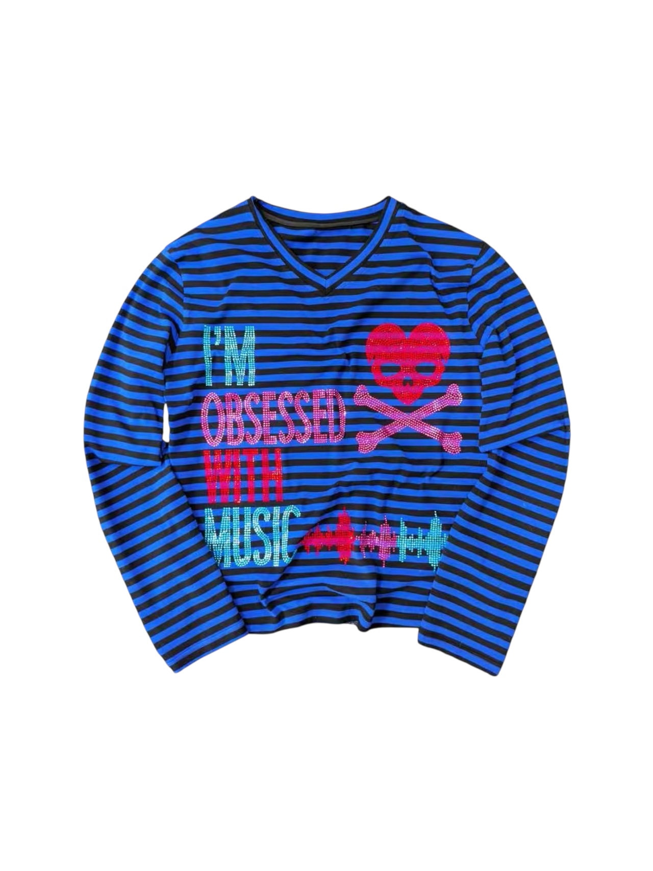 【Fourth3ex】Rhinestone Skull Stripe V-Neck L/S Tee