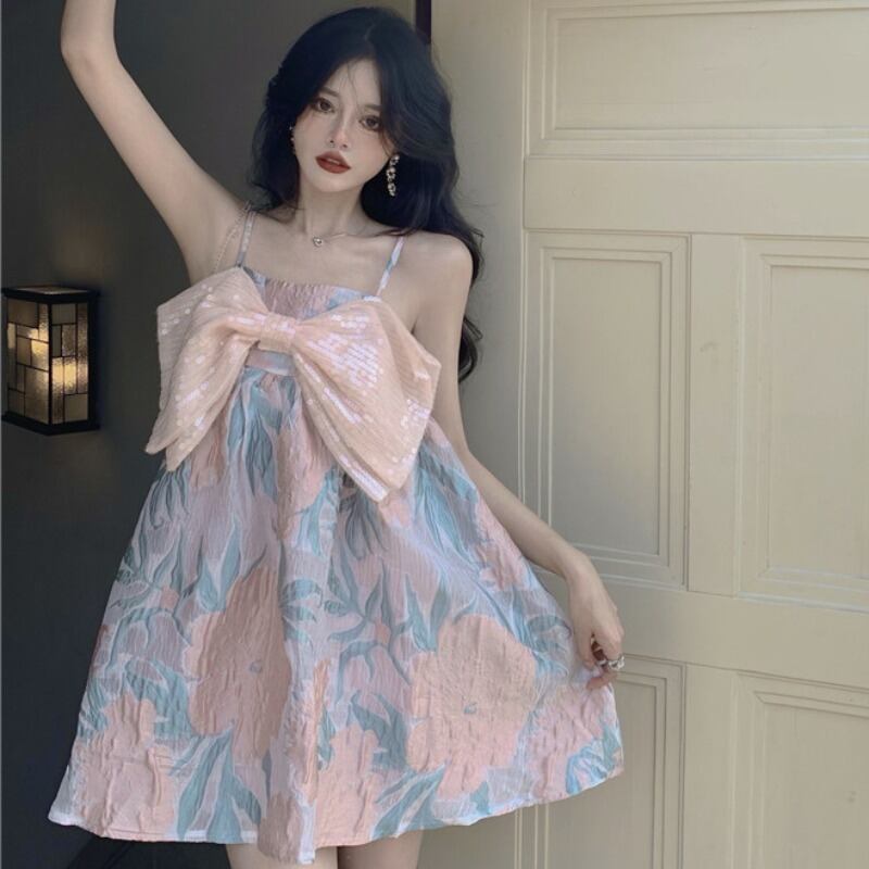 ドレス サマーリボンスカート ルーズAラインショート 大人ガーリー スウィート キュート カジュアル ふわふわ 夏物 YY-ファッション91401253