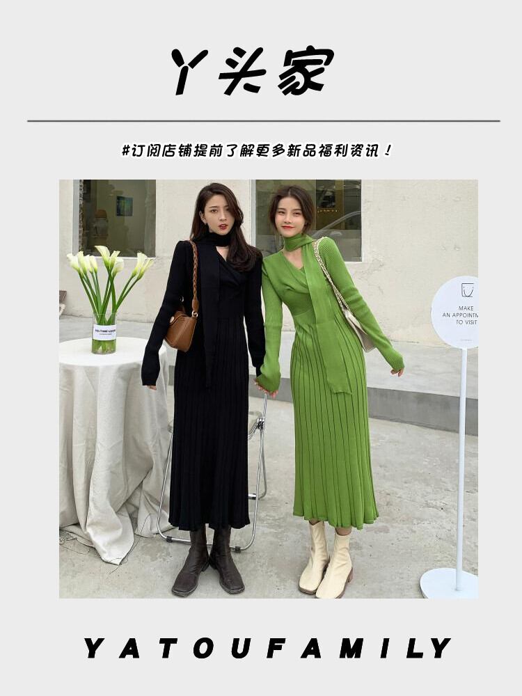 オータムウィンターニットドレス クロスVネックスカート ウェストバンド ロング 秋物 冬物 ガールズファッション10830415838