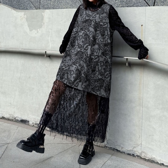 ペイズリー柄 ミモレ丈 ノースリーブ ワンピース 1color ON0991