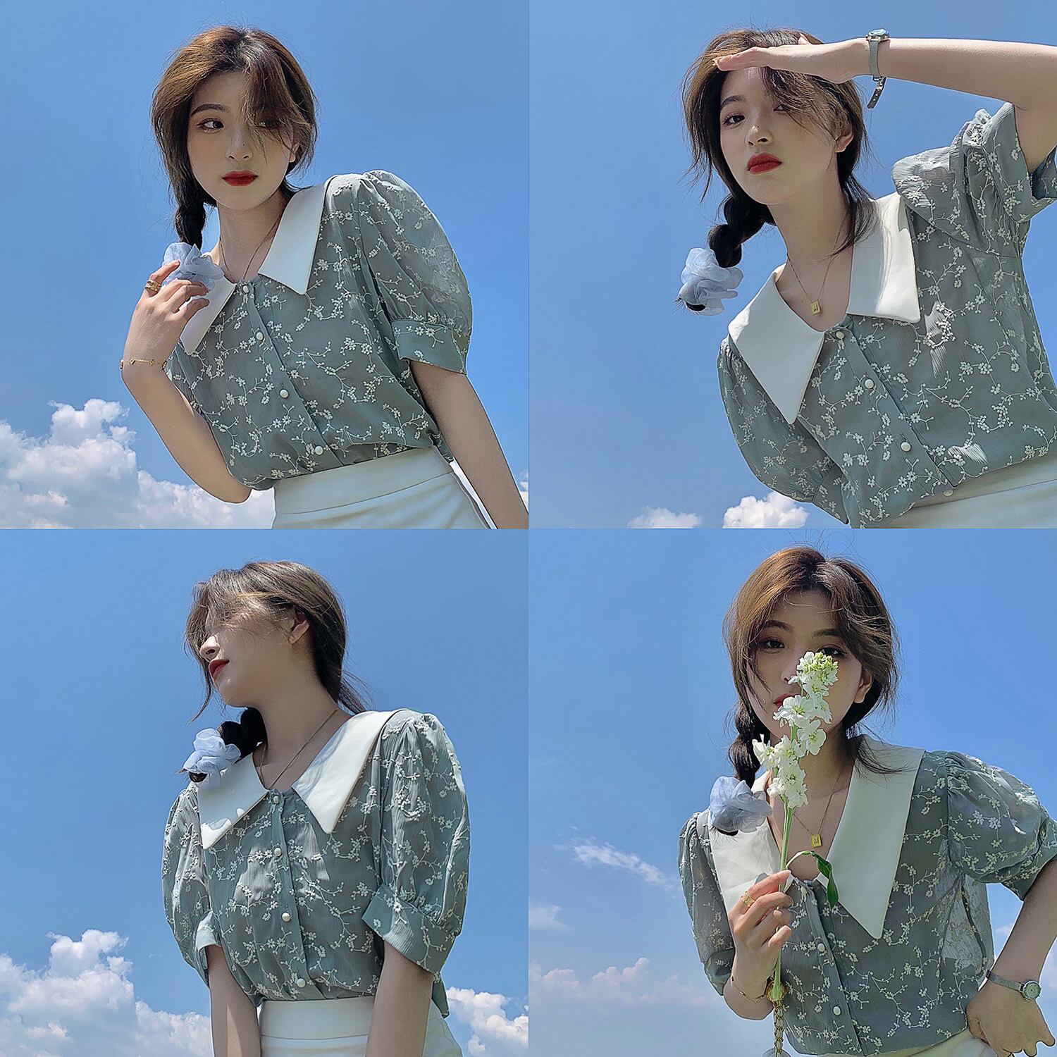 サマースタイルフローラルシフォンシャツ トップス レディース 夏物 花柄 HUCHUJING1783255073