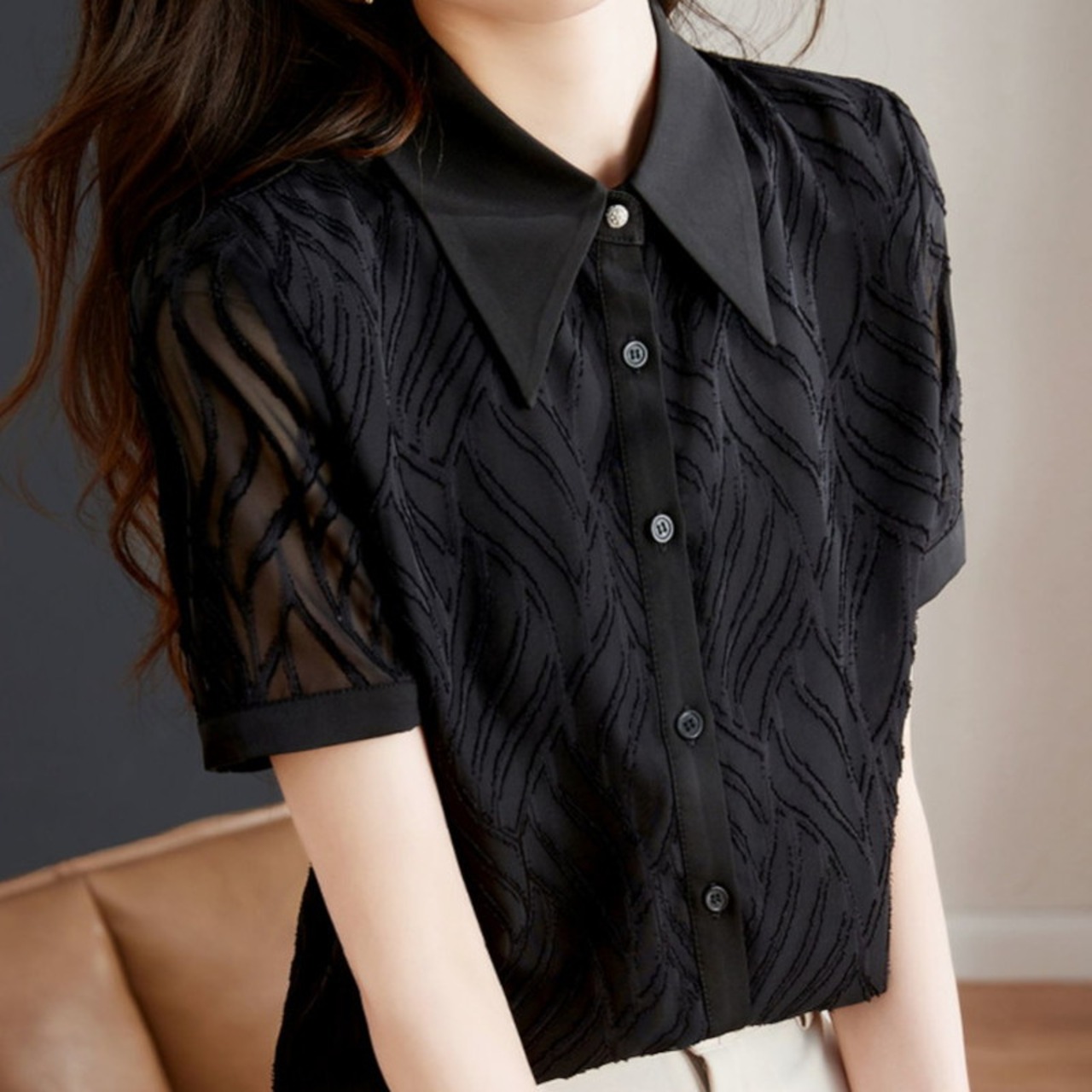 シースルーブラックシフォンブラウス A00404