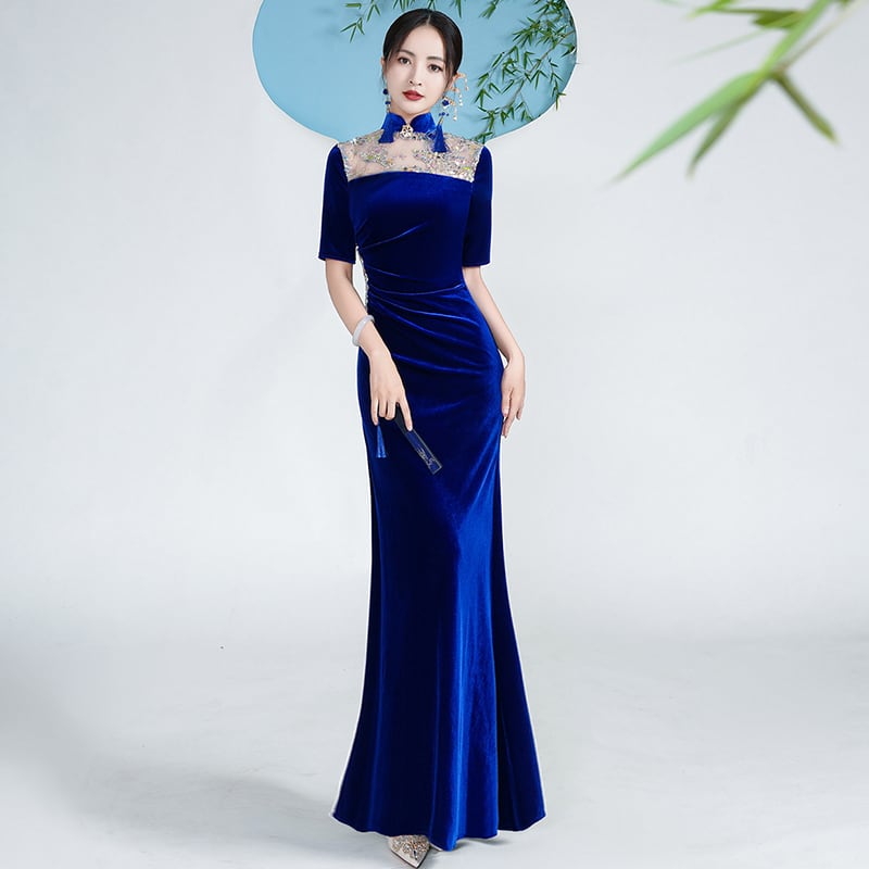 【フラダンス衣装】ワンピースドレス　ブルー　紺　青　ベルベット　２L