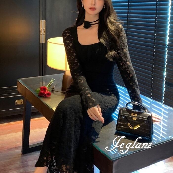 透かし彫り ワンピース ドレス シアー感 スクエアネック チョーカー付き 2色(M5057)ζ