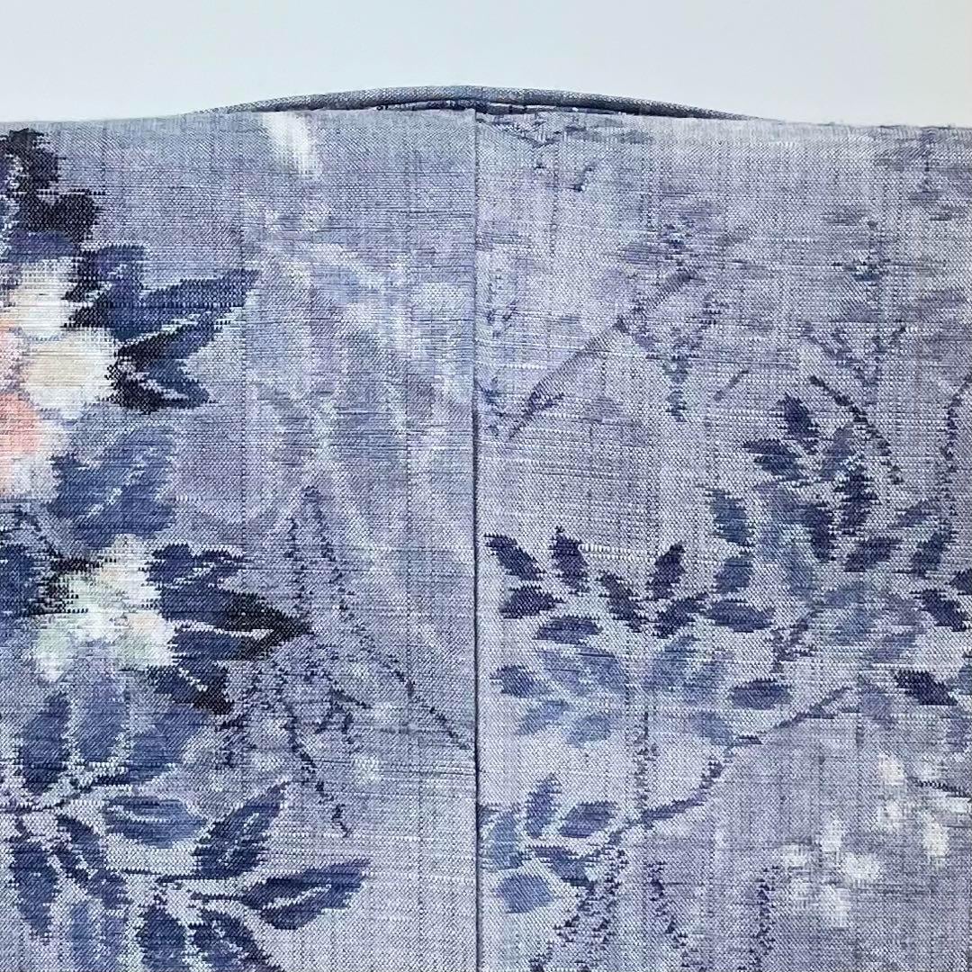 単衣 小千谷紬 花柄模様 証紙付 薄藍色 しつけ糸 K-3790 着物 きもの