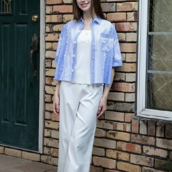 スーパービューティー ブラウス ストライプ柄 ショート 2515010 ブルー 2025年春夏 オーラボー 大人かわいい服 大人スタイル キレイメ Super Beauty レディース アパレル 女性 M L LL 30代 40代 50代 60代