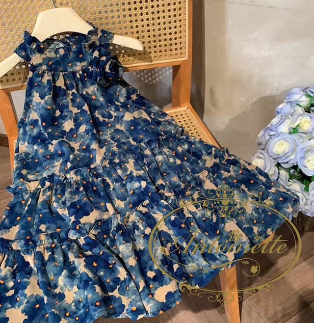 90~150 女の子 子供 花柄 青 ブルー ボタニカル ワンピース ノースリーブ