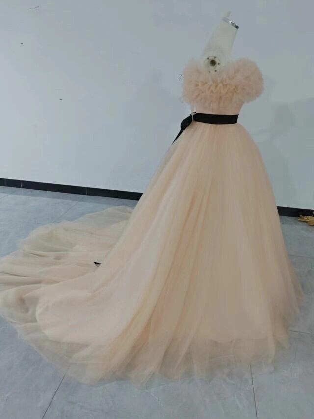 カラードレスシャンパン色 ソフトチュール ロングトレーン 取り外し  