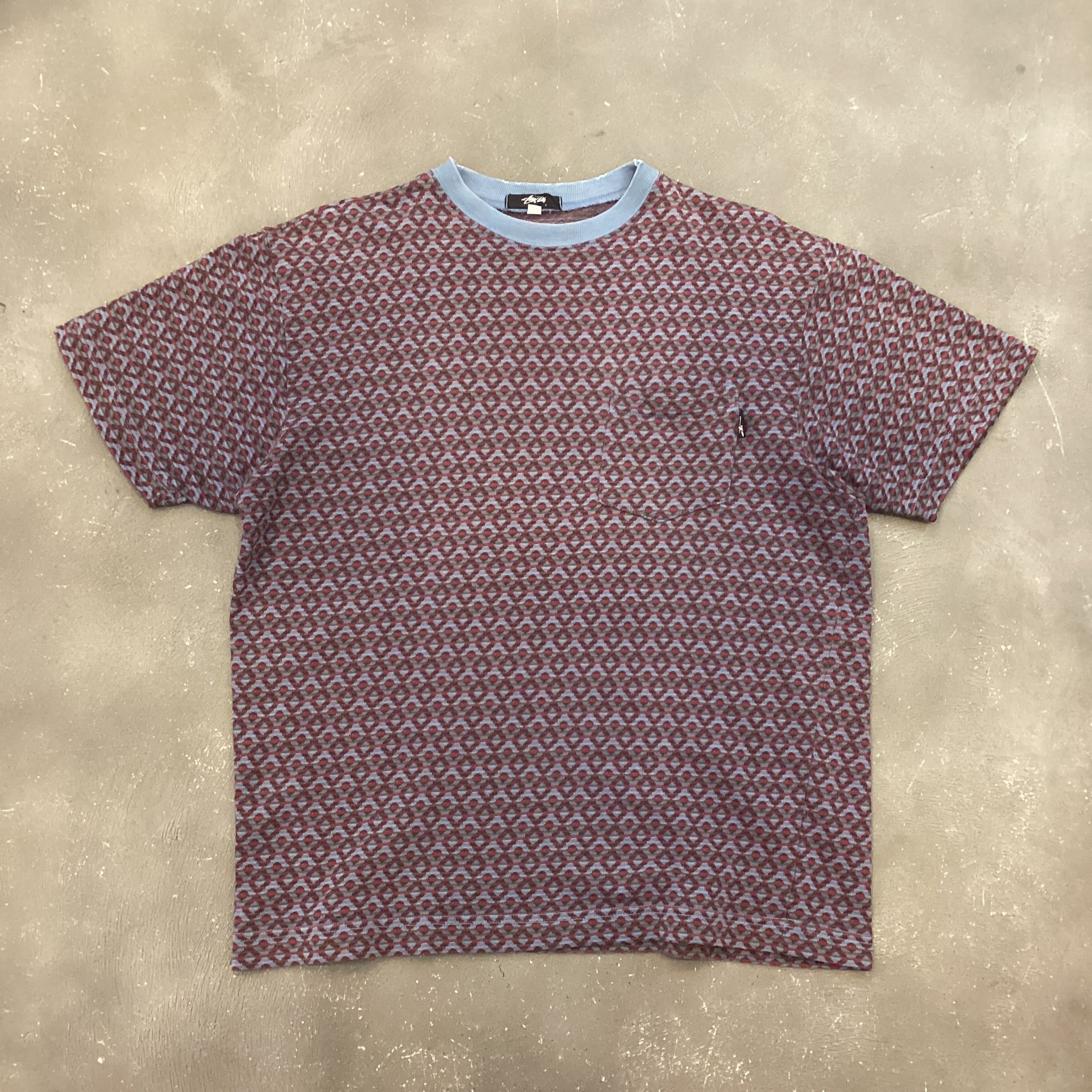 80s Stussy Early/Black/Cursive Tag Jacquard Weave Pocket T-Shirt