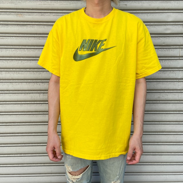 90s NIKE プリントTシャツ スウォッシュロゴ イエロー L ナイキ