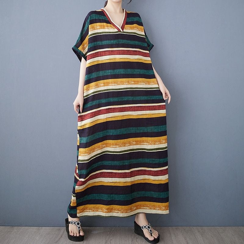 V-NECK STRIPED SHORT JOINED LOOSE LONG DRESS M-18044
