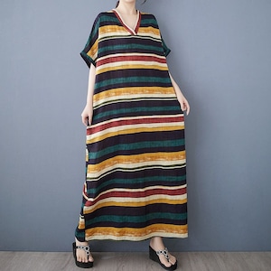 V-NECK STRIPED SHORT JOINED LOOSE LONG DRESS M-18044