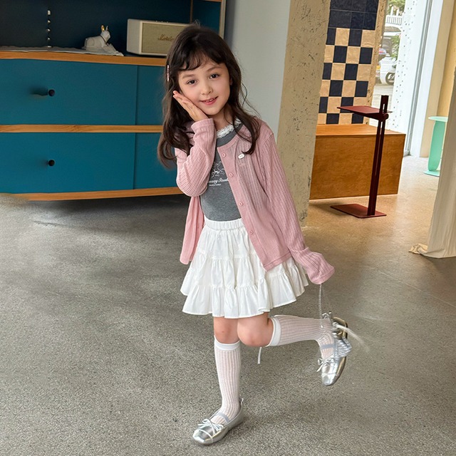 【KID】女の子シンプル無地リボンリブサマーカーディガン - 7