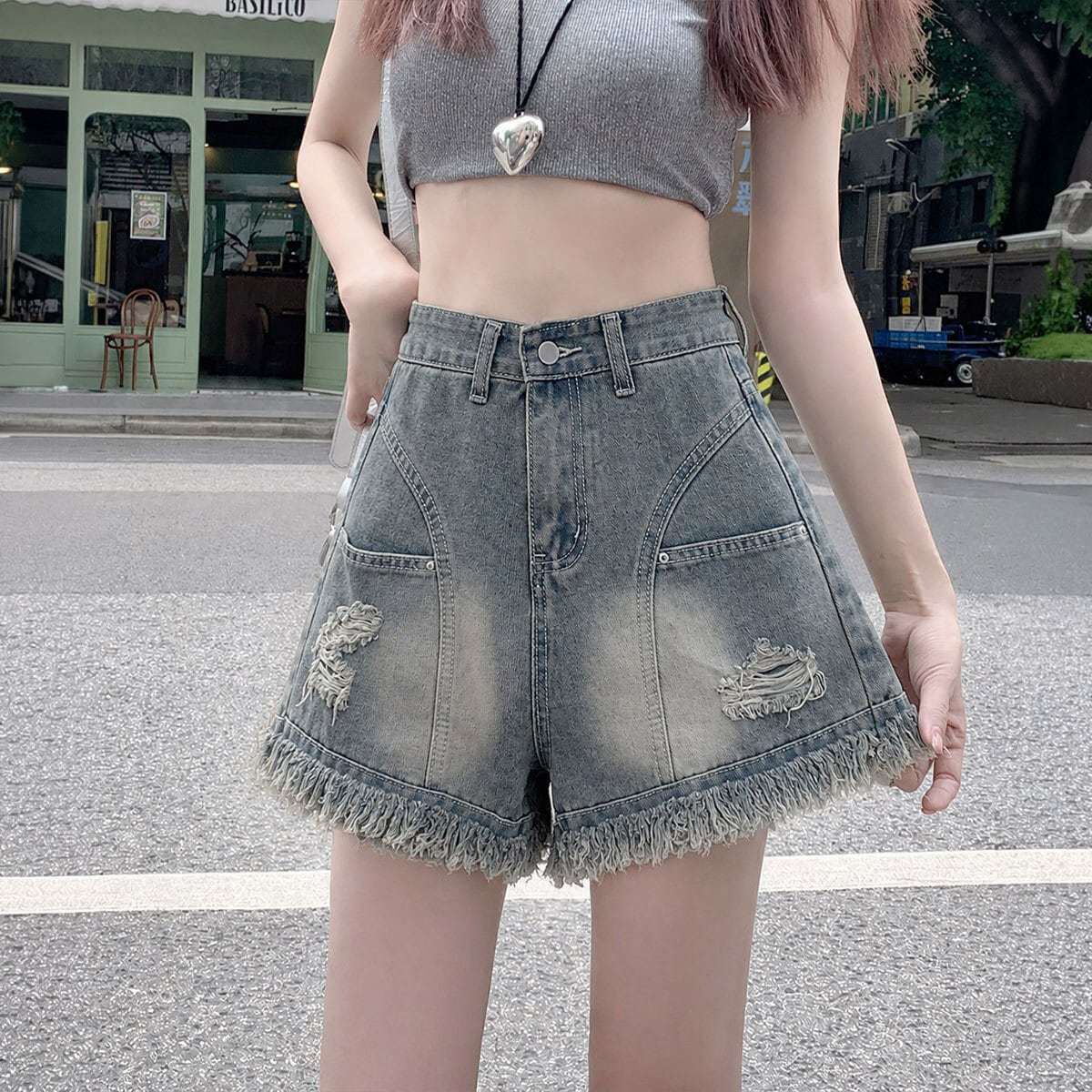 デニム ショートパンツ レディース 夏 ダメージ クラッシュ 裾フリンジ