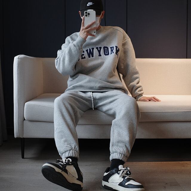 【予約販売】メンズ セットアップ 上下 長袖 NEW YORK スエット ライン グレー/ネイビー 裏起毛 男前 スエット 韓国 パンツ セット ジム カジュアル 部屋着 リラックス ルームウエア 韓国 トレンド 大きいサイズ M/L/XL
