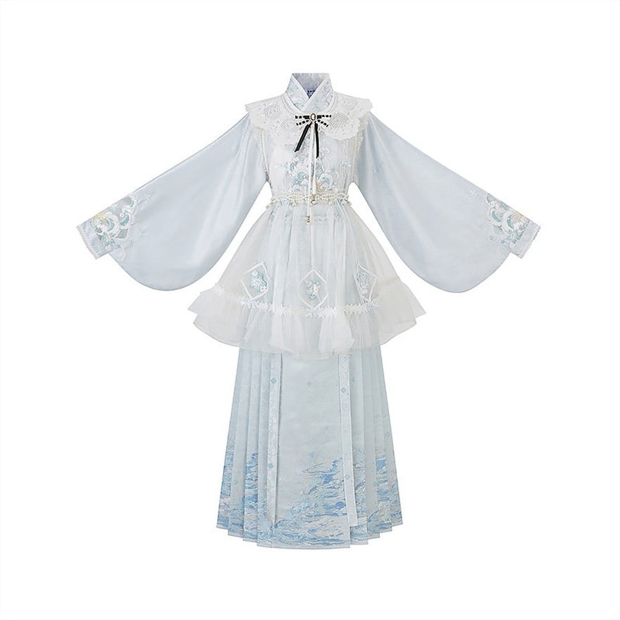 中華ロリータ 漢服4点セット ロングスカートタイプ（白×水色）お茶会