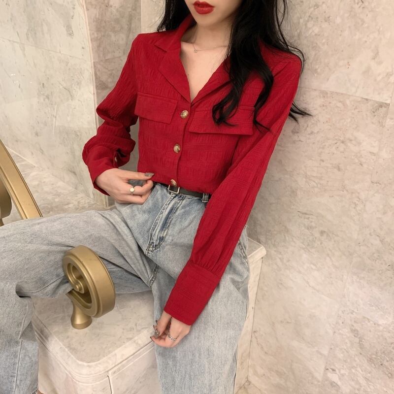 2020年夏の新作シャツレディースレトロ香港フレーバー長袖ルーズデザインニッチシャツVネック気質トップ YY-ファッション98921810267