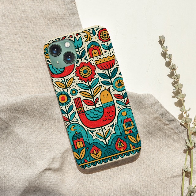 受注生産 iPhoneケース 赤い花と鳥のサイケ民芸｜フォークアート PSYF050A