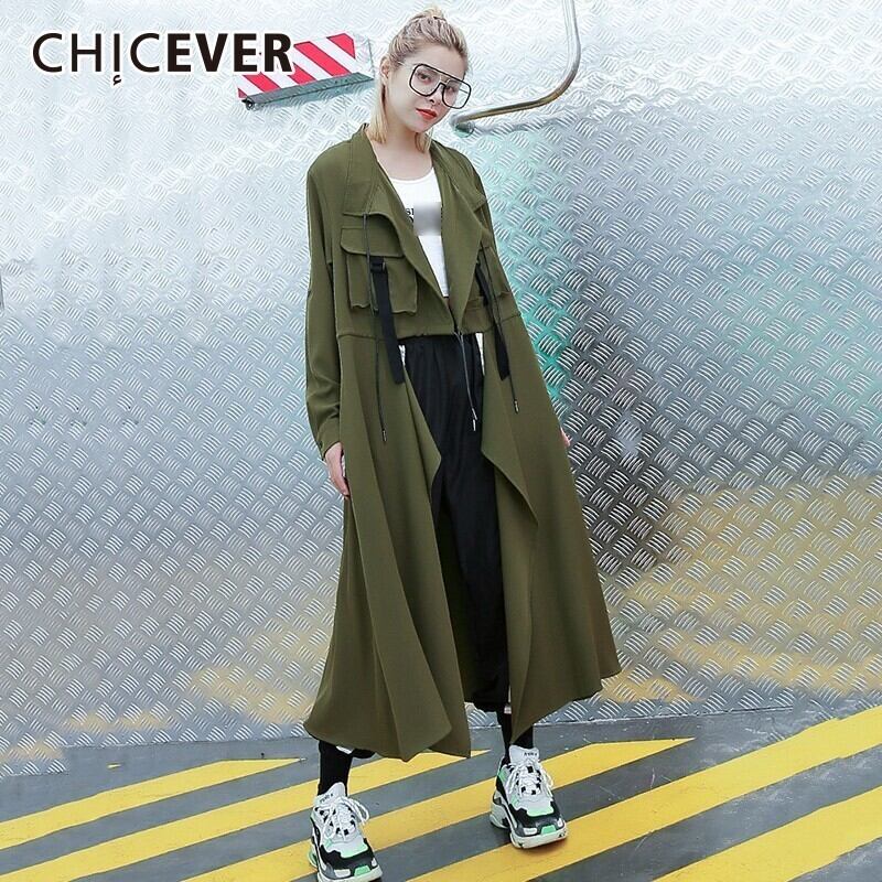 CHICEVERオータムトレンチコートレディースウインドブレーカーラペル長袖巾着トレンチオーバーサイズ ロング 秋物 6base596295446373
