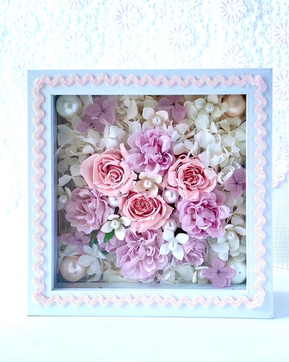 ことばの花束フラワーフレーム【HGF-02】縦横15㎝│ 木枠ガラスフレーム｜ ピンクローズ│ギフト｜ 記念日│誕生日│お餞別に