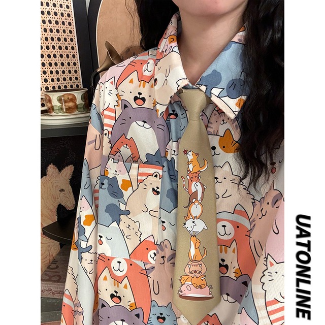 【UATONLINEシリーズ】★シャツ★ ネクタイ付きシャツ トップス 男女兼用 メンズ 長袖シャツ 猫 ねこ ネコ カートゥーン
