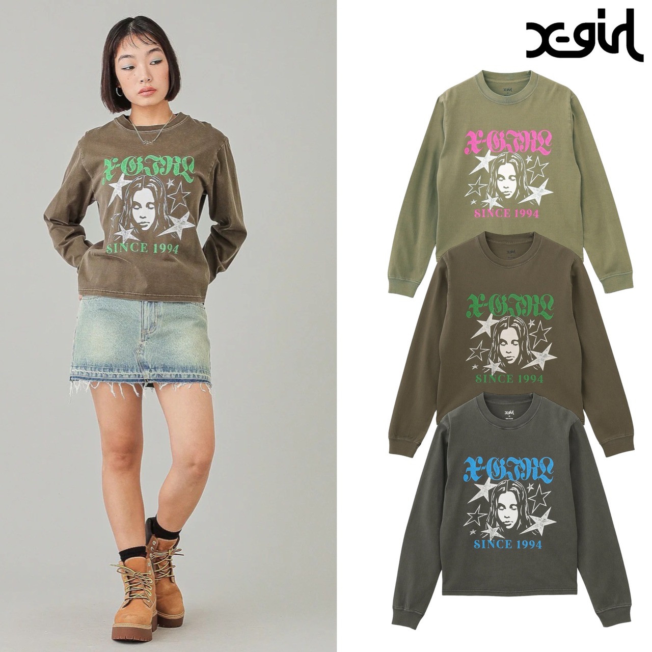 【X-girl】STAR AND FACE LOGO FADED L/S TEE【エックスガール】